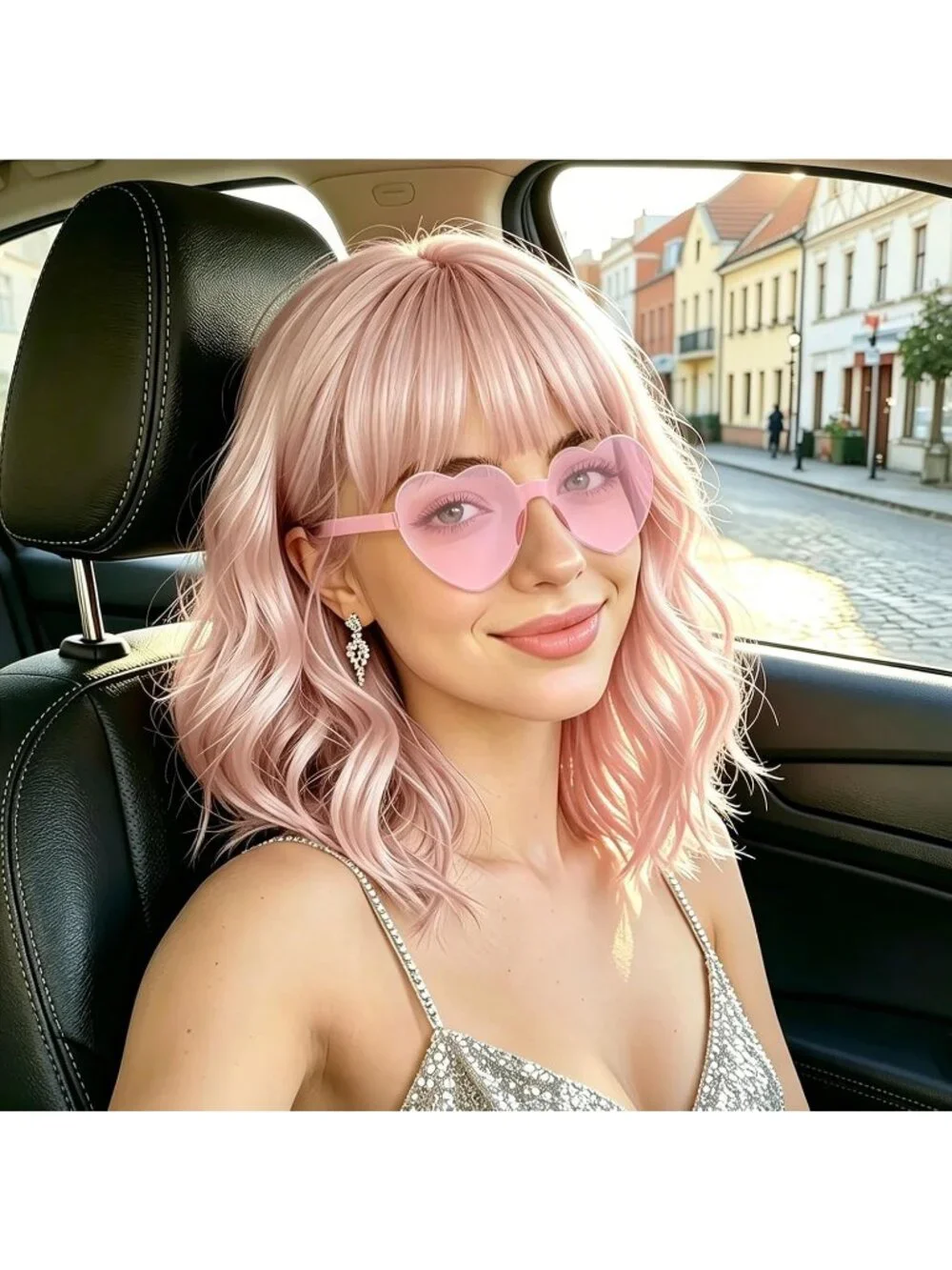 Women's Light Pink Curly Bob Synthetic Wigs Bangs With Neon Heart Sunglasses